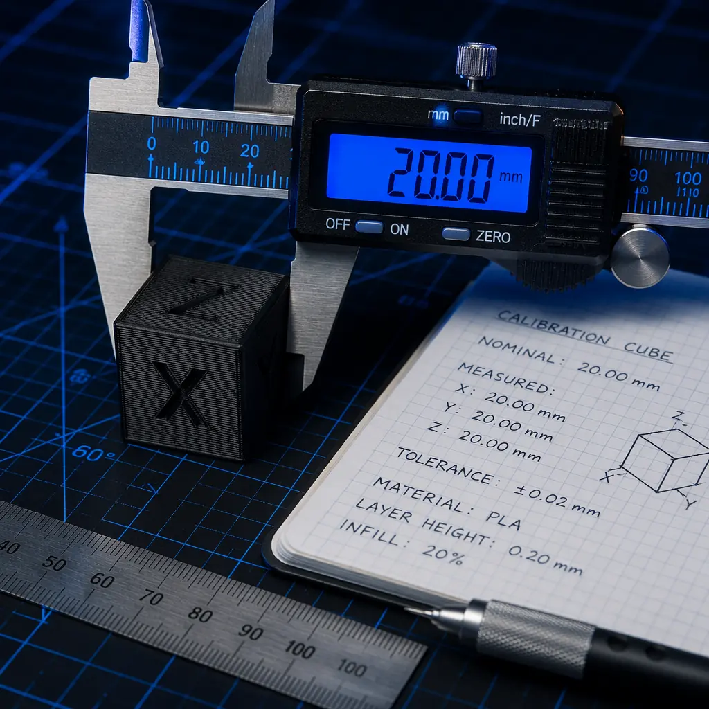 Engineering workbench with enclosed 3D printer printing a functional mechanical prototype part, digital calipers, engineering drawings, and multiple printed iteration versions arranged on the desk, industrial lab lighting