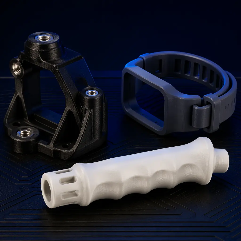 Array of functional 3D printed prototypes on a white engineering desk: mechanical bracket with mounting holes, electronic device enclosure in two halves, ergonomic handle grip, and a gear assembly — all printed in engineering-grade PETG with visible layer precision