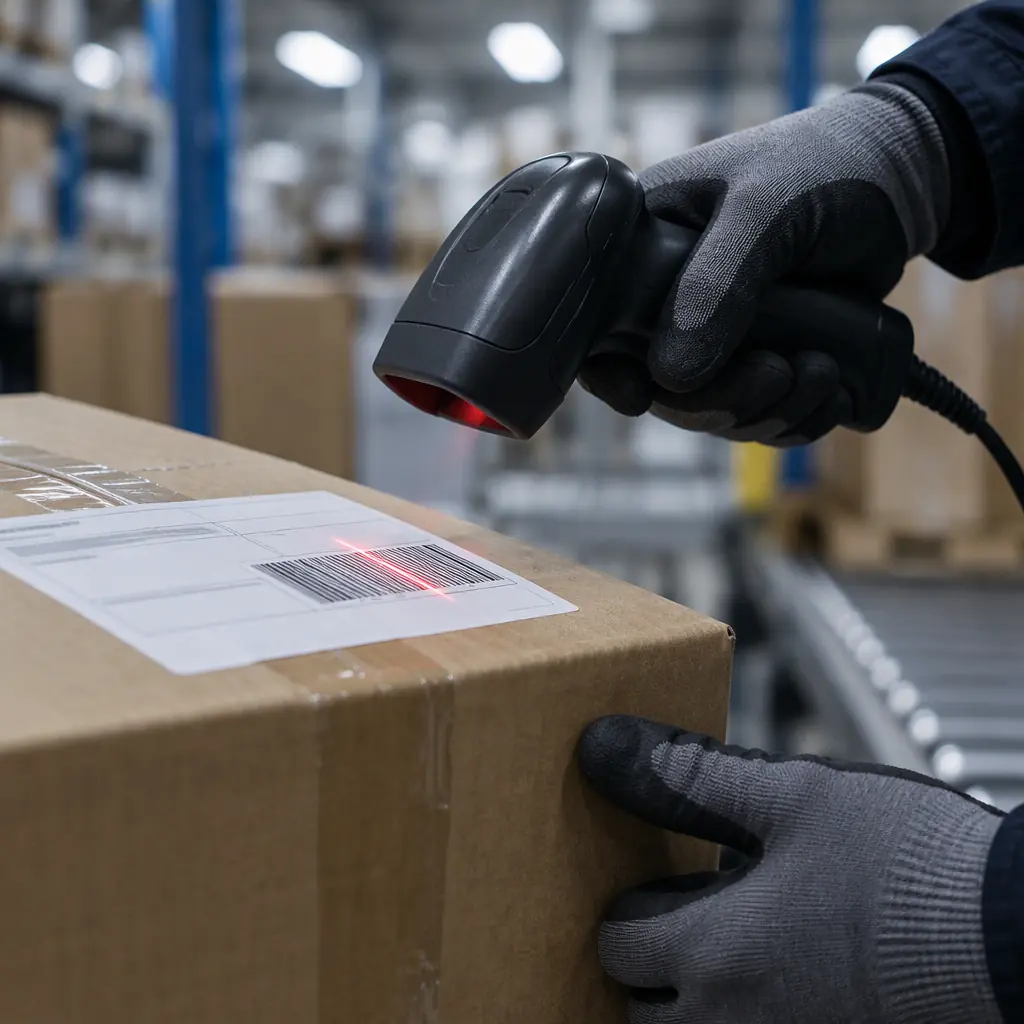Handheld barcode scanner passing over a white shipping label on a cardboard box in a warehouse, red scan line visible, cool industrial lighting, macro detail