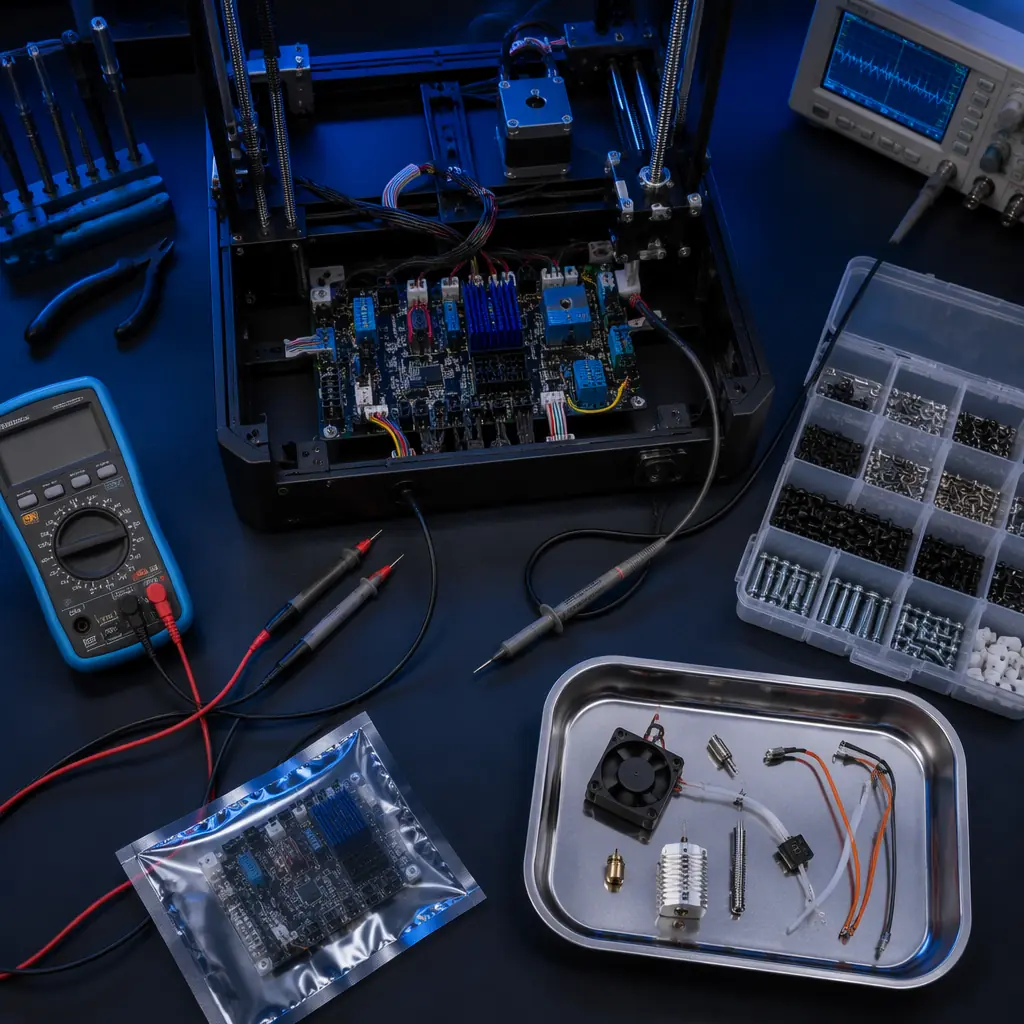 Technician hands performing precision calibration on refurbished 3D printer: digital caliper measuring first-layer test print thickness on PEI build plate, hotend assembly with new nozzle installed visible, belt tension gauge clipped to X-axis belt, organized replacement parts kit (nozzles, belts, PEI sheets) on anti-static mat, clean professional workshop with task lighting