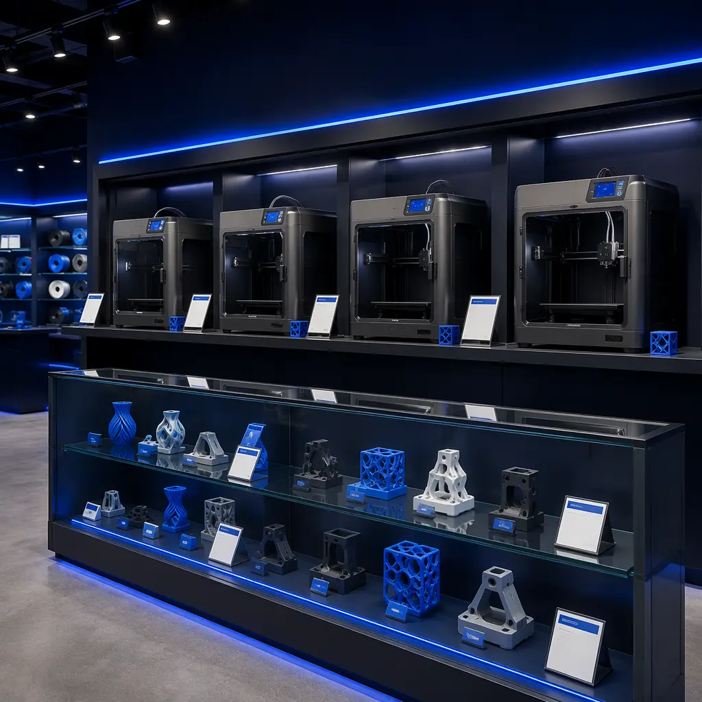Retail display of certified pre-owned 3D printers in distributor showroom: row of identical refurbished enclosed printers with 'Certified Pre-Owned' tags, sample print quality display next to each unit showing calibration cube and benchy, pricing cards with warranty information visible, professional retail lighting with dark navy and blue brand color accents on display fixtures