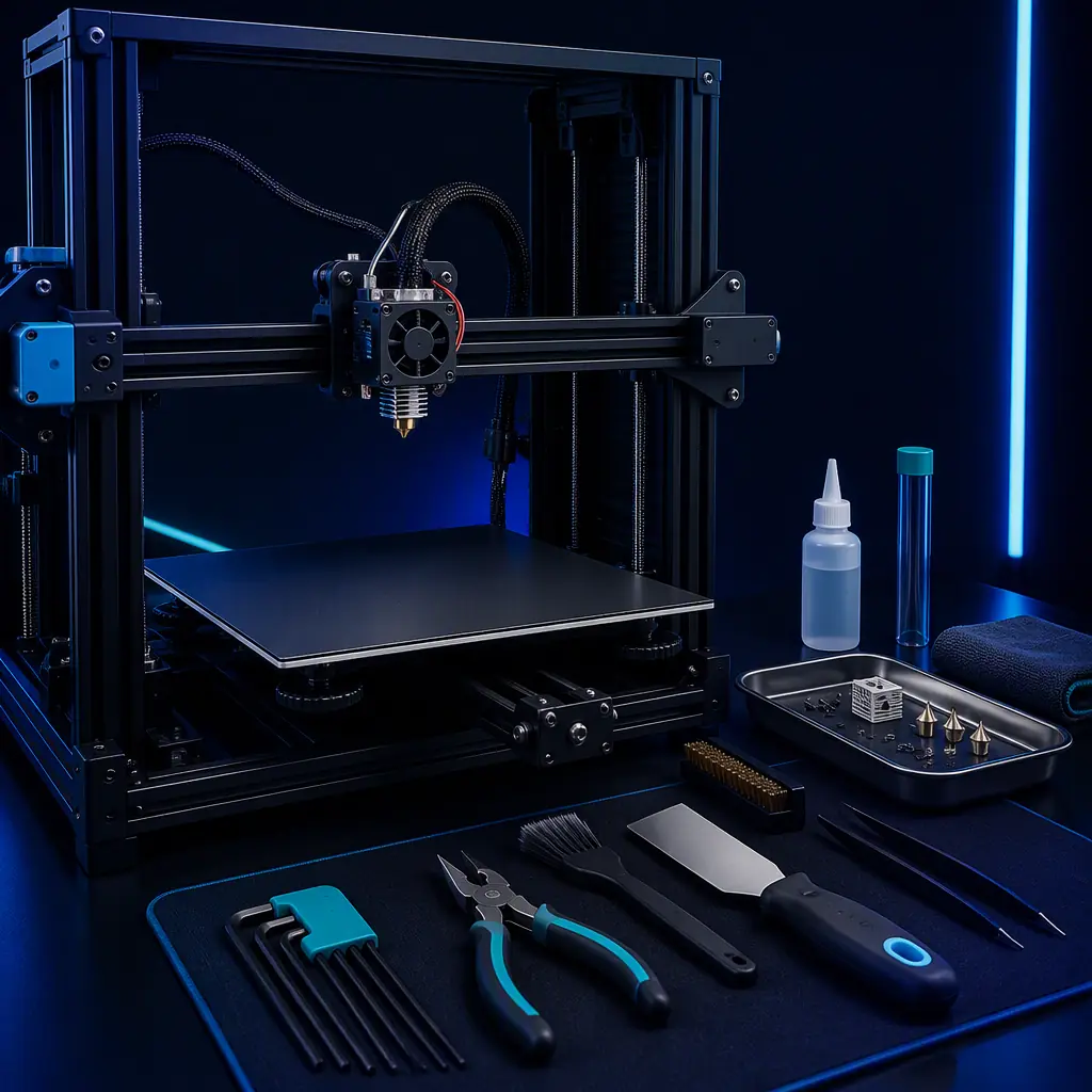 Open 3D printer with a clean build plate and exposed hotend, maintenance tools laid out on the workbench