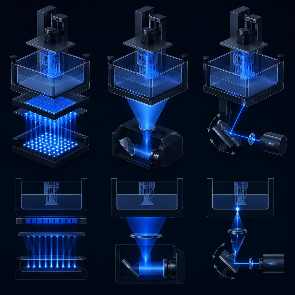 SLA vs DLP vs MSLA resin 3D printing technology comparison diagram showing light source and curing mechanism differences