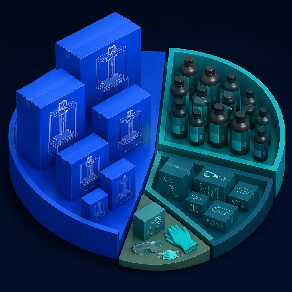 Recommended first-container resin product mix: 60% printers, 40% consumables and accessories by value