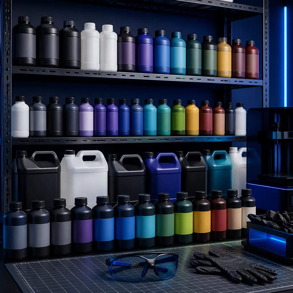 Assortment of photopolymer resin bottles on warehouse shelf, different colors and viscosity visible, lab gloves and UV safety equipment nearby, professional product photography