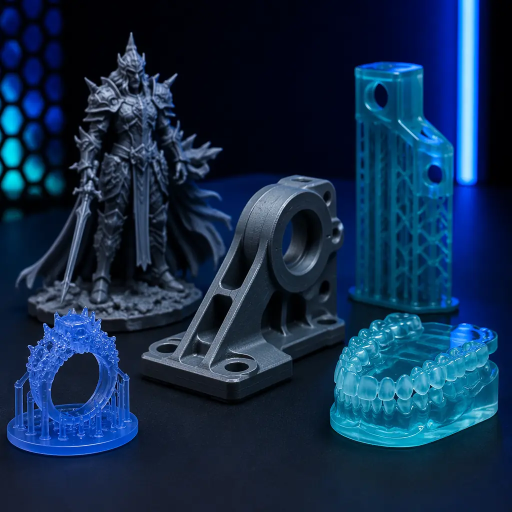 Variety of resin 3D printed parts on dark surface: detailed miniature, functional prototype bracket, dental model, castable ring pattern, showing different surface finishes and detail levels