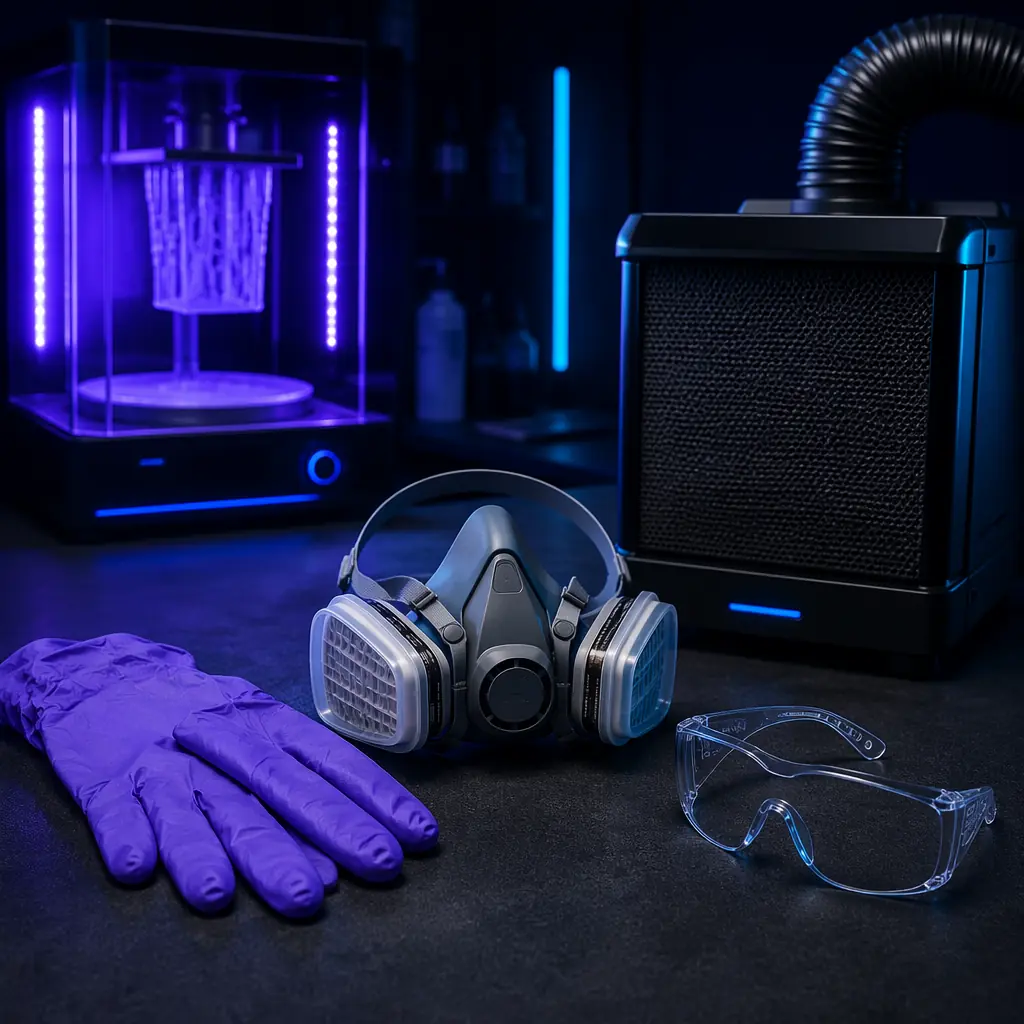 Resin 3D printing safety equipment on workbench: nitrile gloves, organic vapor respirator, safety glasses, UV curing station with purple glow, carbon filter enclosure visible