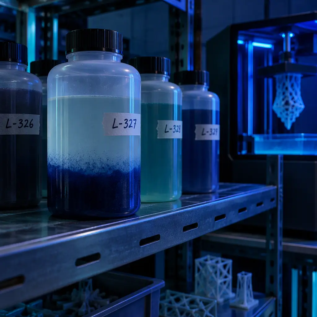 Photograph of several translucent resin bottles on a warehouse shelf with handwritten lot labels, one bottle in the foreground showing visible pigment settling at the bottom