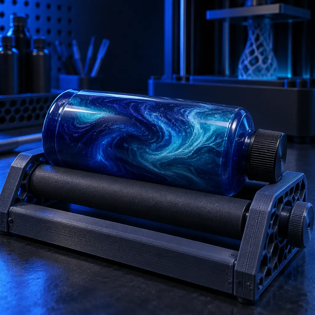 Macro photograph of a resin bottle being rolled on a benchtop roller mixer, with the resin inside showing a swirl of pigment blending into the liquid