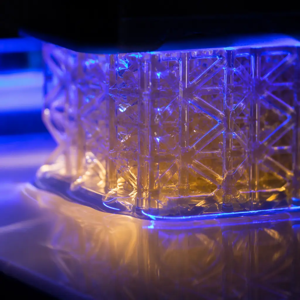 Close-up macro photo of three identical dental model 3D printed parts side by side on a dark surface, each with slightly different surface finish representing the three resin technologies, with a UV cure station visible in the soft-focus background