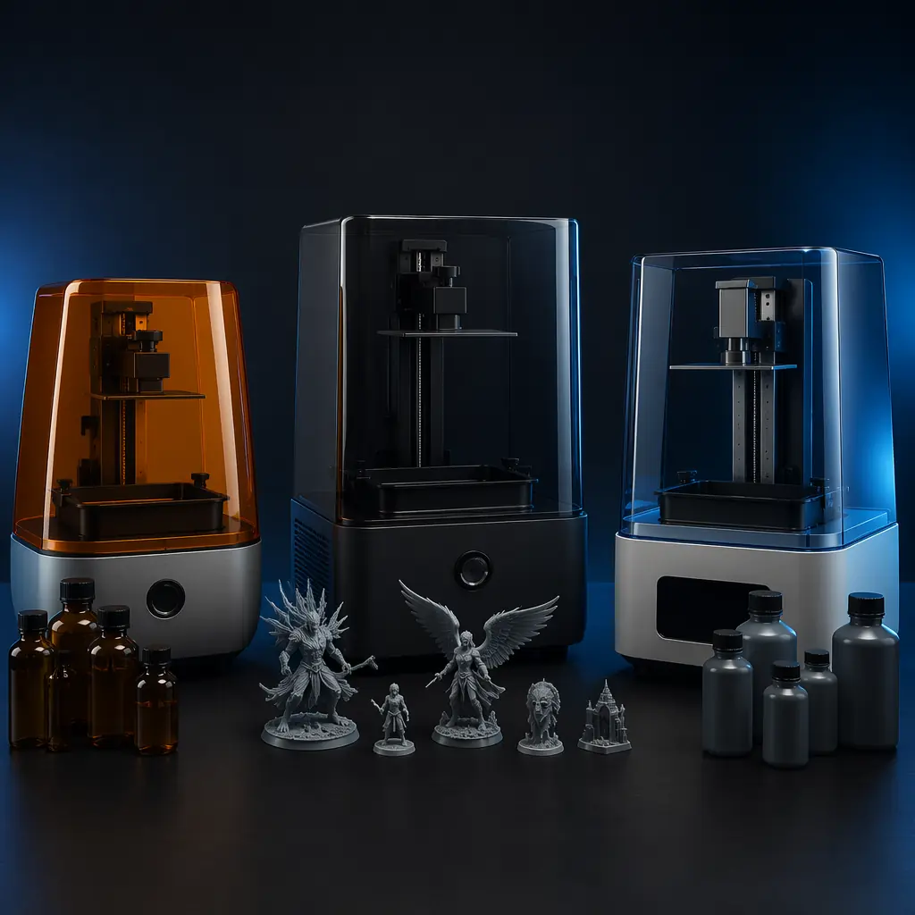 Professional studio product shot of three desktop resin 3D printers arranged in a row on a clean white surface, representing the three technology types with resin bottles and finished prints in front of each, dramatic side lighting