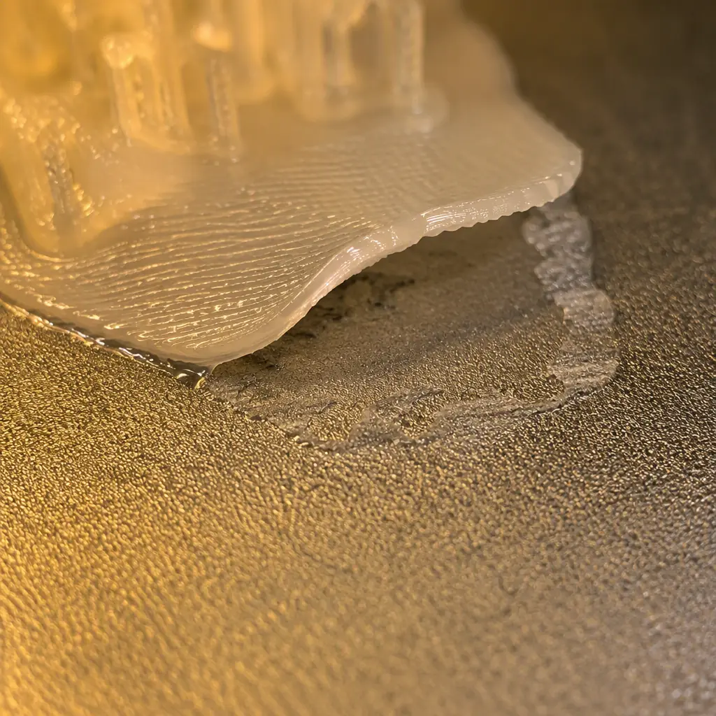 Macro close-up photograph of a resin 3D printer build plate with partially failed print, showing cured resin raft stuck to textured aluminum surface while model separated mid-print, studio lighting with UV-safe amber background