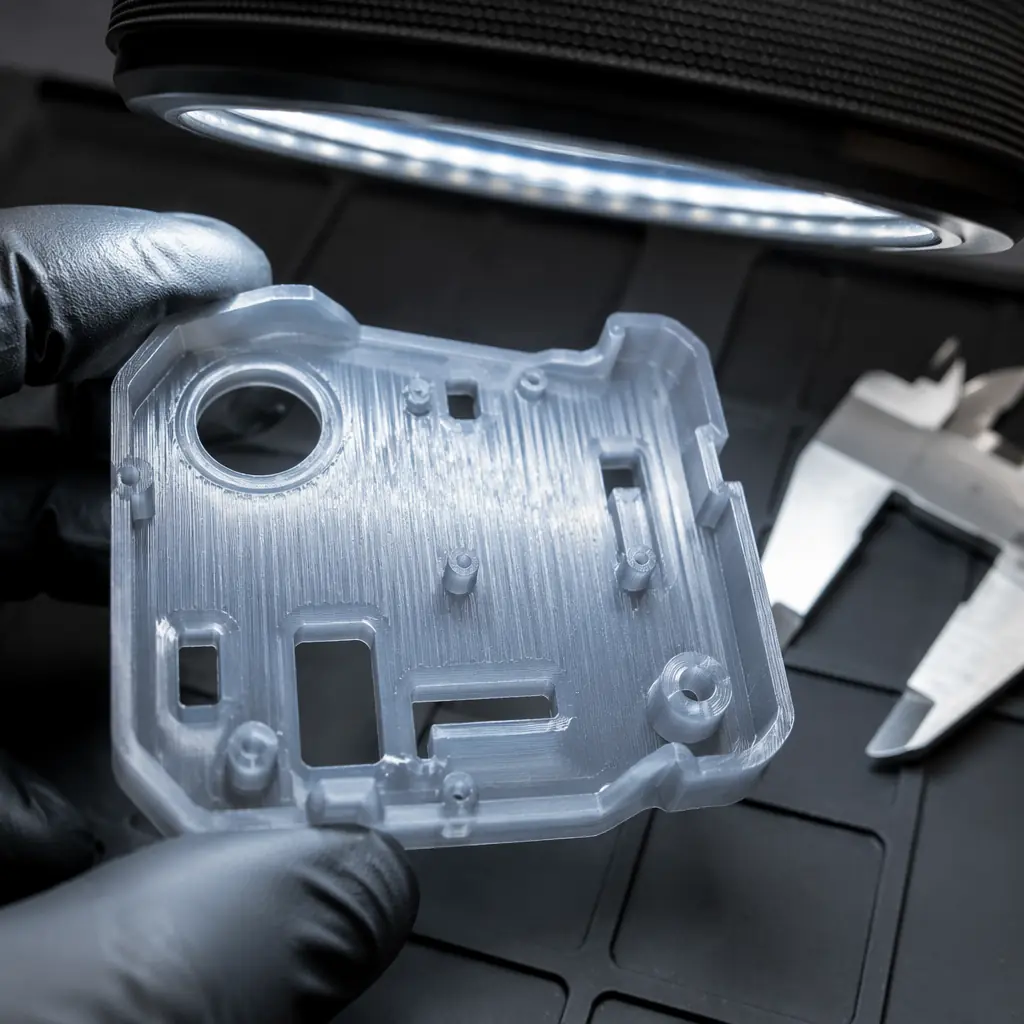 Macro studio photograph of a resin 3D print with visible vertical line artifacts from LCD pixel failure, held under inspection light revealing surface defects on a precision measurement mat, technical quality control context