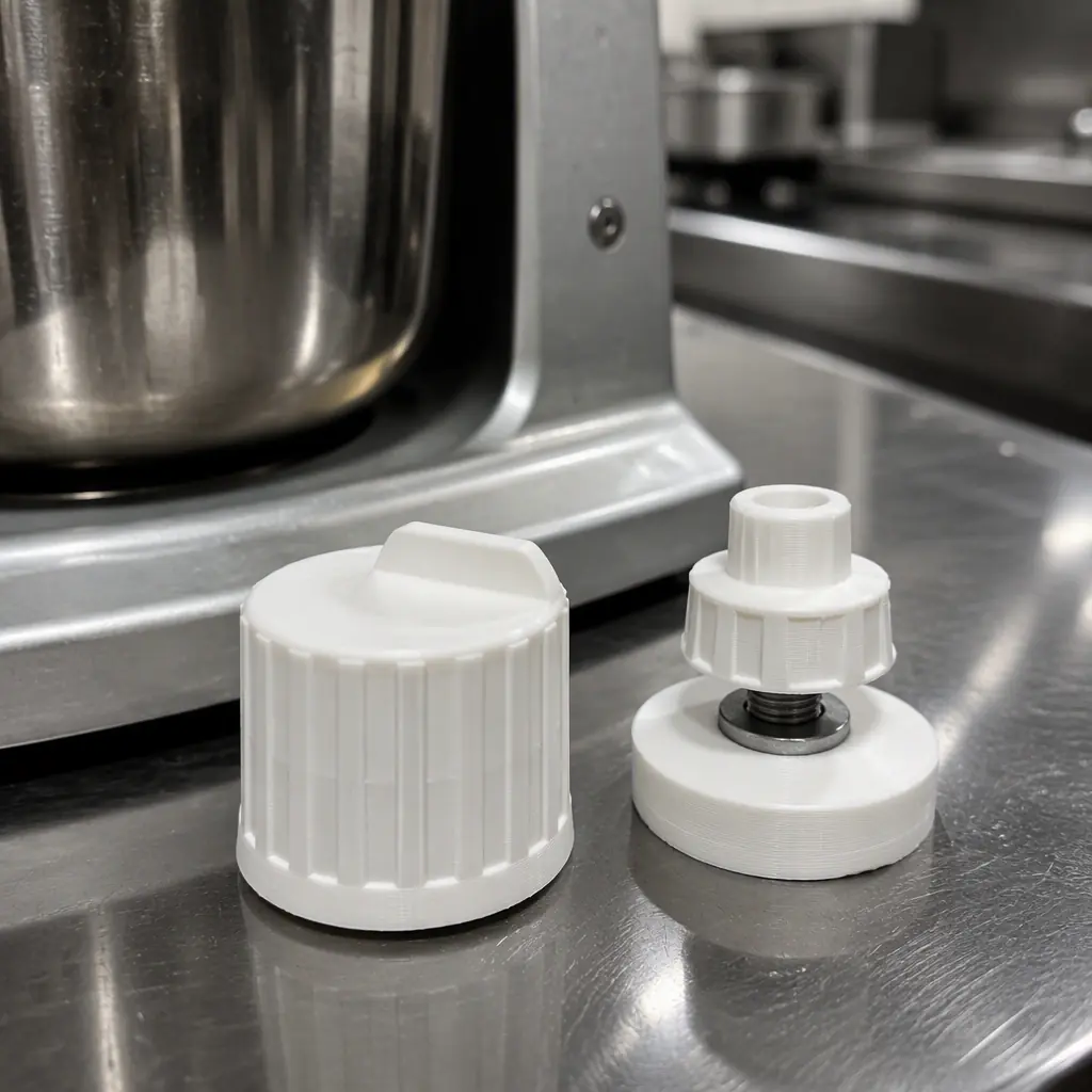 Macro close-up of a 3D printed mixer control knob and equipment foot next to a commercial kitchen mixer, stainless steel kitchen background, photorealistic, no people, no text, no logos