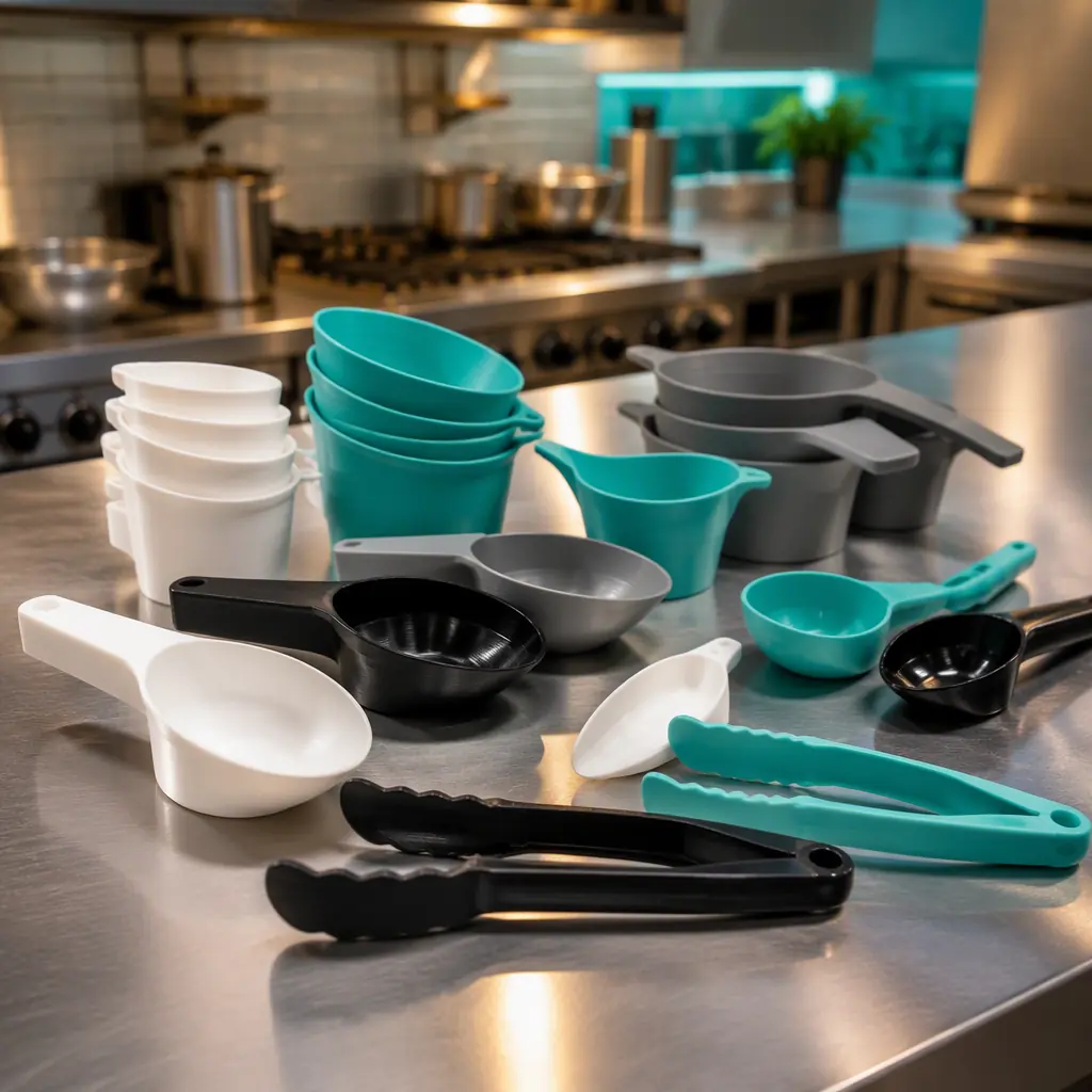 Assortment of 3D printed food-safe scoops, portion cups and service tools on a stainless steel kitchen counter, clean commercial kitchen, photorealistic, no people, no text, no logos