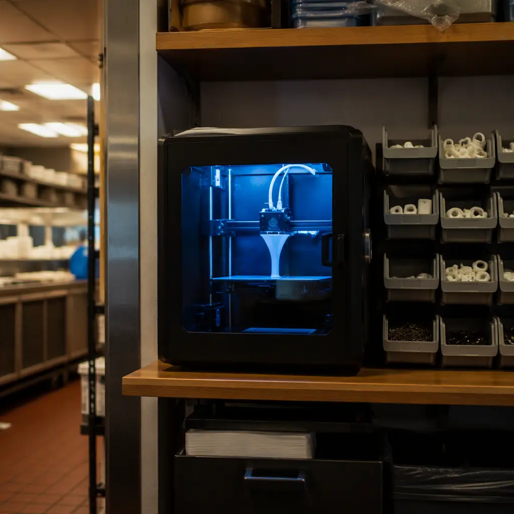 3D printer running on a shelf in a restaurant back office next to labeled spare parts bins, warm commercial kitchen lighting, photorealistic, no people, no text, no logos