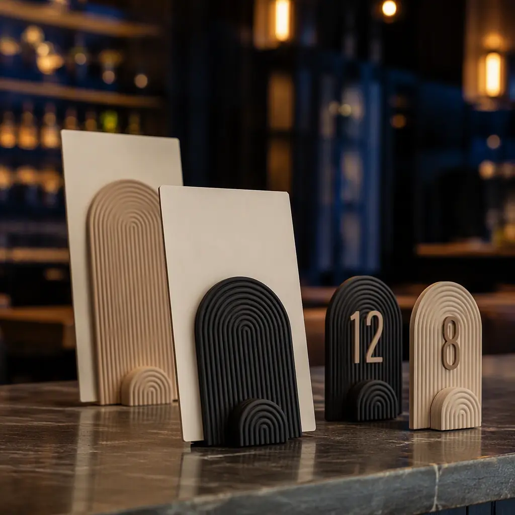 Printed table number stands and branded menu holders on a restaurant counter, shallow depth of field, warm ambient light, photorealistic, no people, no text, no logos