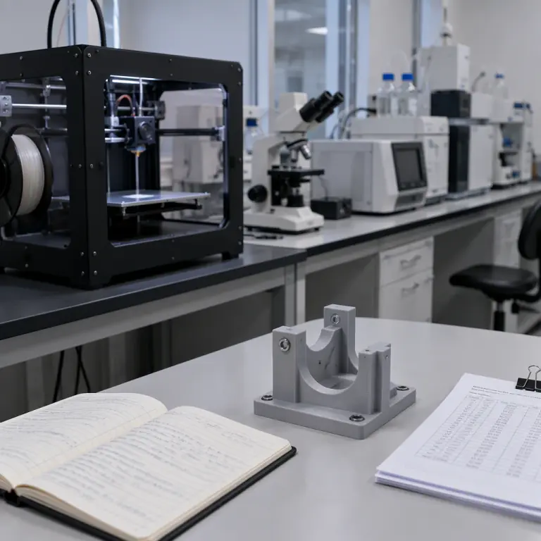 Photograph of a 3D printer in a research laboratory beside a bench of instruments, with a printed experimental fixture and a handwritten logbook and clipped printed parameters lying on the adjacent bench