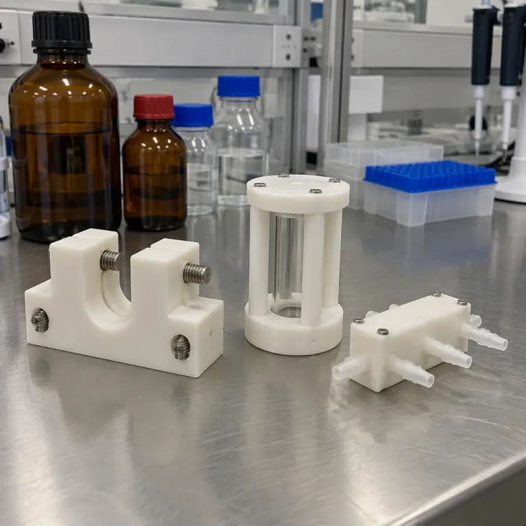 Photograph of a set of printed laboratory fixtures on a bench, including a clamp block, a sample holder and a channel manifold, arranged next to labelled reagent bottles in a research laboratory