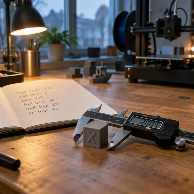 Photograph of a laboratory bench with a printed test artefact being measured with digital calipers beside an open notebook recording parameter values, with a printer visible out of focus in the background