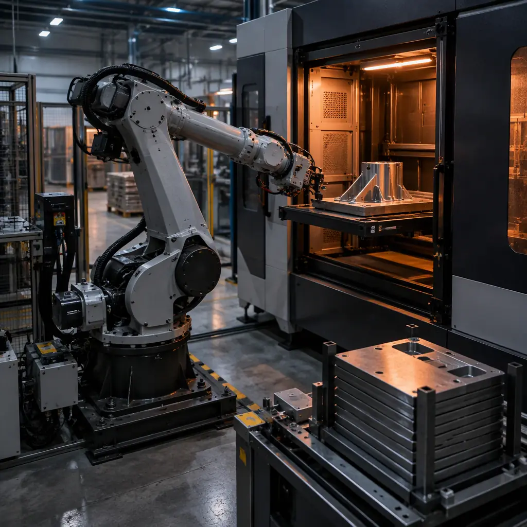 Industrial six-axis robotic arm beside a row of enclosed 3D printers on a factory floor, arm positioned at an open printer door with a finished build plate, cool blue factory lighting, wide angle