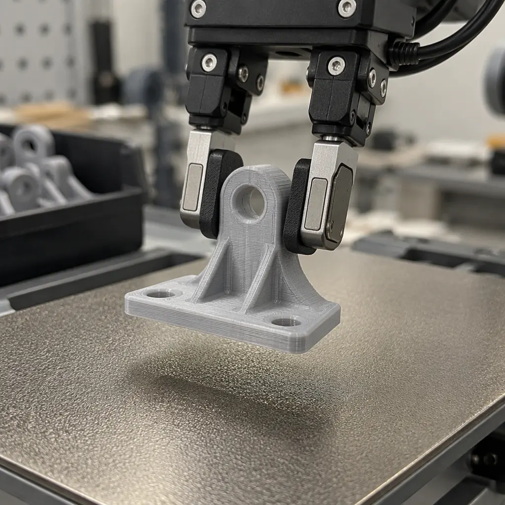 Macro view of a robotic gripper with force-sensing fingers lifting a finished grey printed bracket from a textured build plate, shallow depth of field, industrial workshop lighting