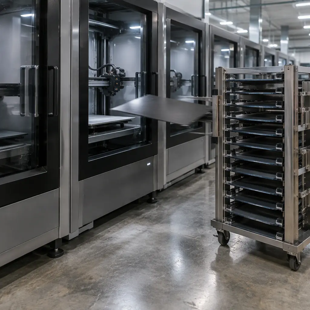 Row of enclosed 3D printers with finished build plates stacked in a steel magazine beside them, one plate mid-transfer, factory floor, cool overhead lighting