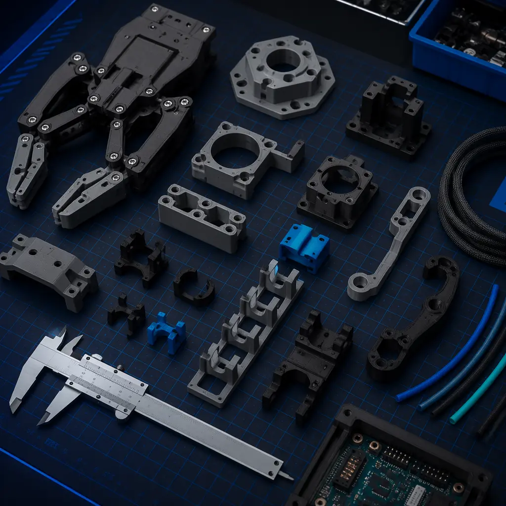 Array of 3D printed robotic gripper components and sensor mounts on engineering workbench, calipers and CAD tablet visible, professional factory lighting