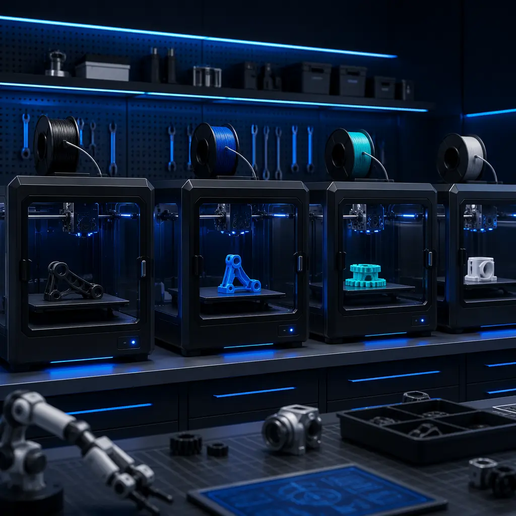 Row of enclosed 3D printers operating in robotics R&D lab, each printing different functional components, LED status indicators visible, clean industrial workspace