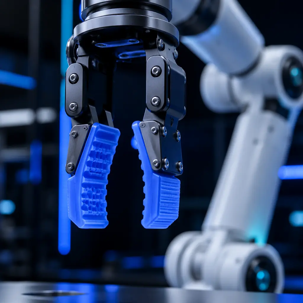 Close-up of 3D printed TPU flexible gripper pads mounted on robotic end effector, industrial robot arm in partially blurred background, factory automation setting