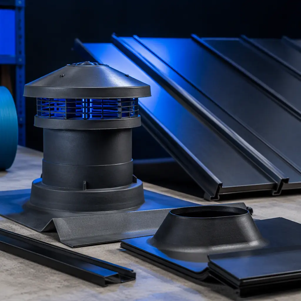 Macro close-up of 3D printed roof vent cap and flashing components on a warehouse bench, standing seam metal roof panels in background, photorealistic, no people, no text, no logos