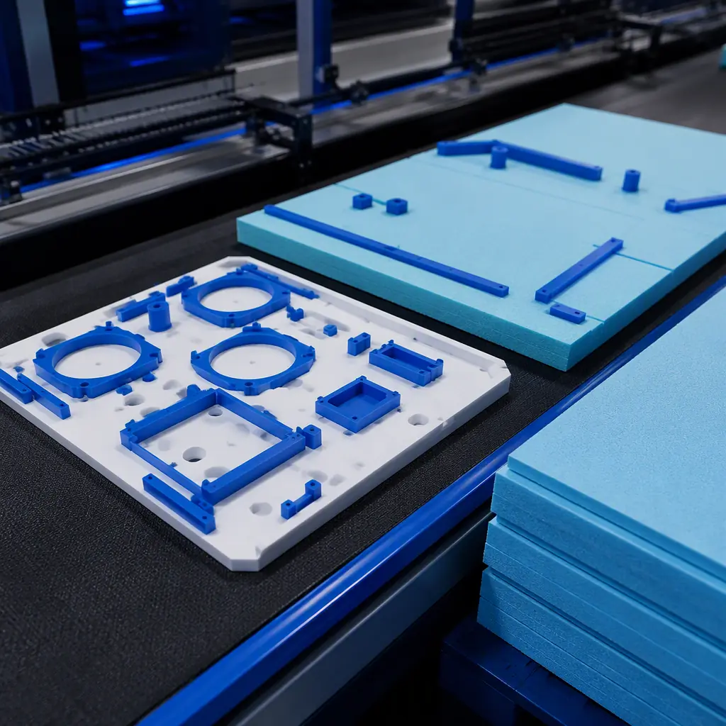 3D printed insulation cutting templates and foam board guides on an insulation manufacturing line, rigid foam insulation panels stacked, photorealistic, no people, no text, no logos