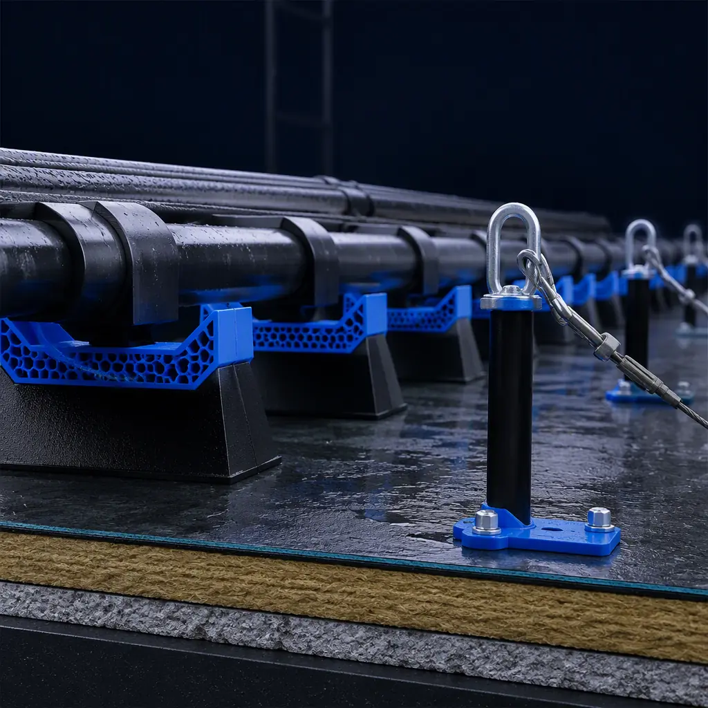 3D printed pipe support blocks and roof anchor points on a rooftop worksite, insulation layers and membrane visible, photorealistic, no people, no text, no logos