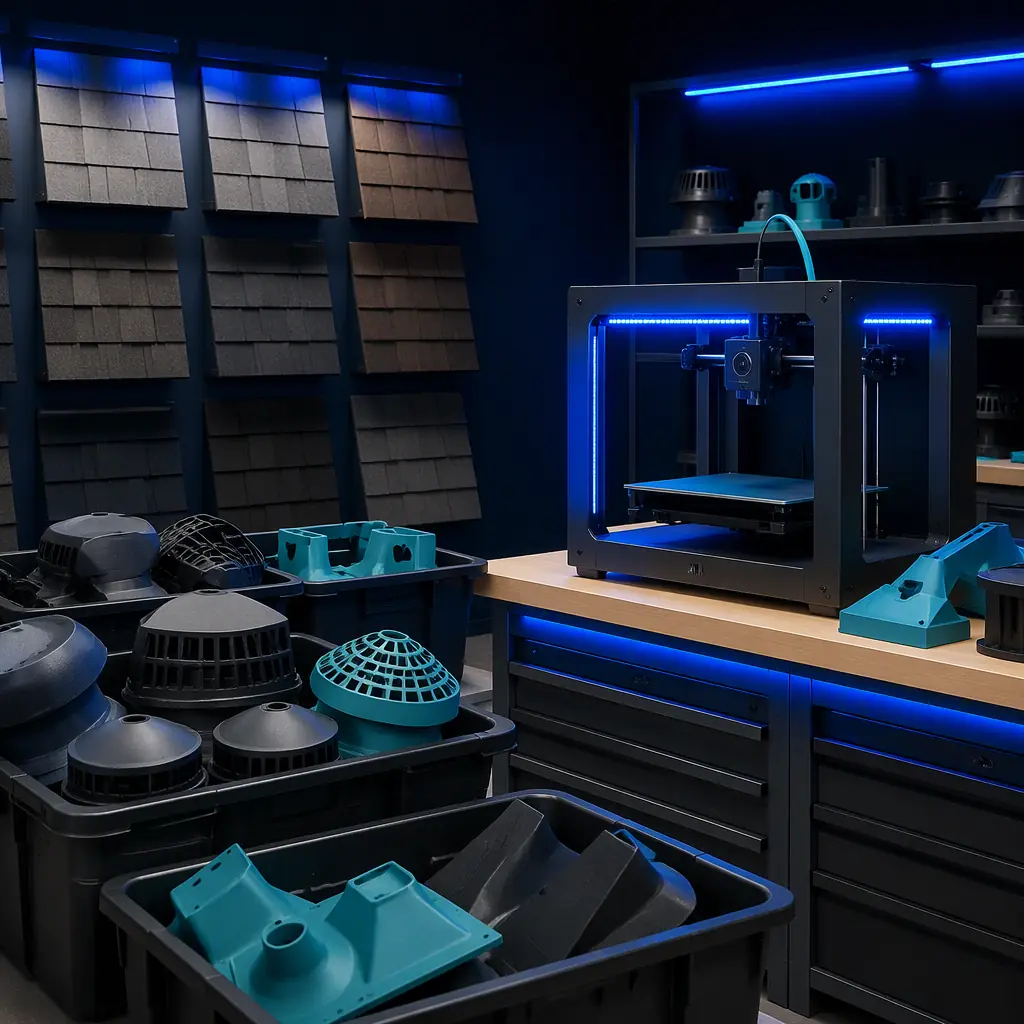 3D printer in a roofing contractor workshop next to bins of printed vent caps and custom flashing parts, roof shingle samples on the wall, photorealistic, no people, no text, no logos