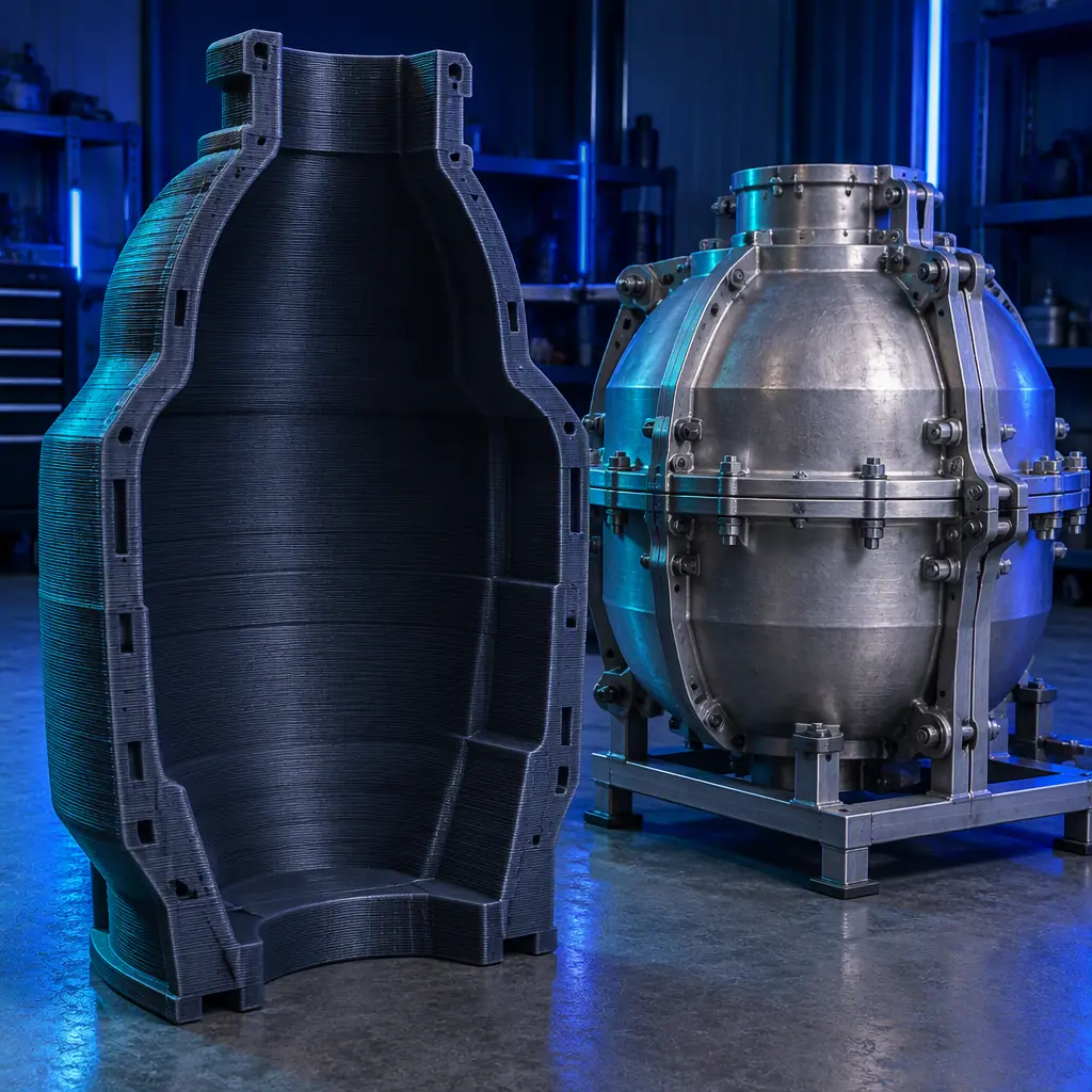 Photograph of a large 3D printed hollow mold shell with visible printed layer lines standing on a workshop floor beside an aluminium rotomold tool with bolted flanges