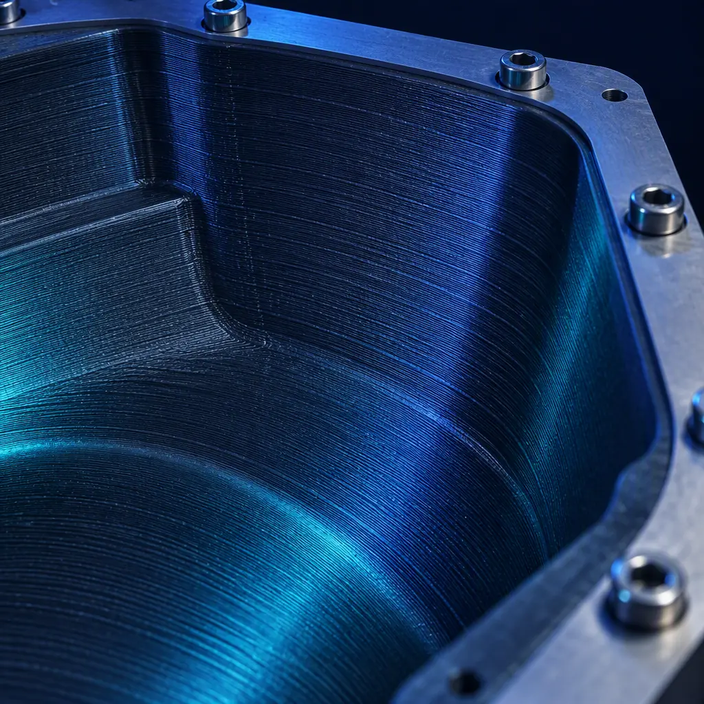 Macro photograph of the inside surface of a 3D printed mold shell showing fine printed texture across a curved cavity wall with a bolted aluminium flange frame at the edge