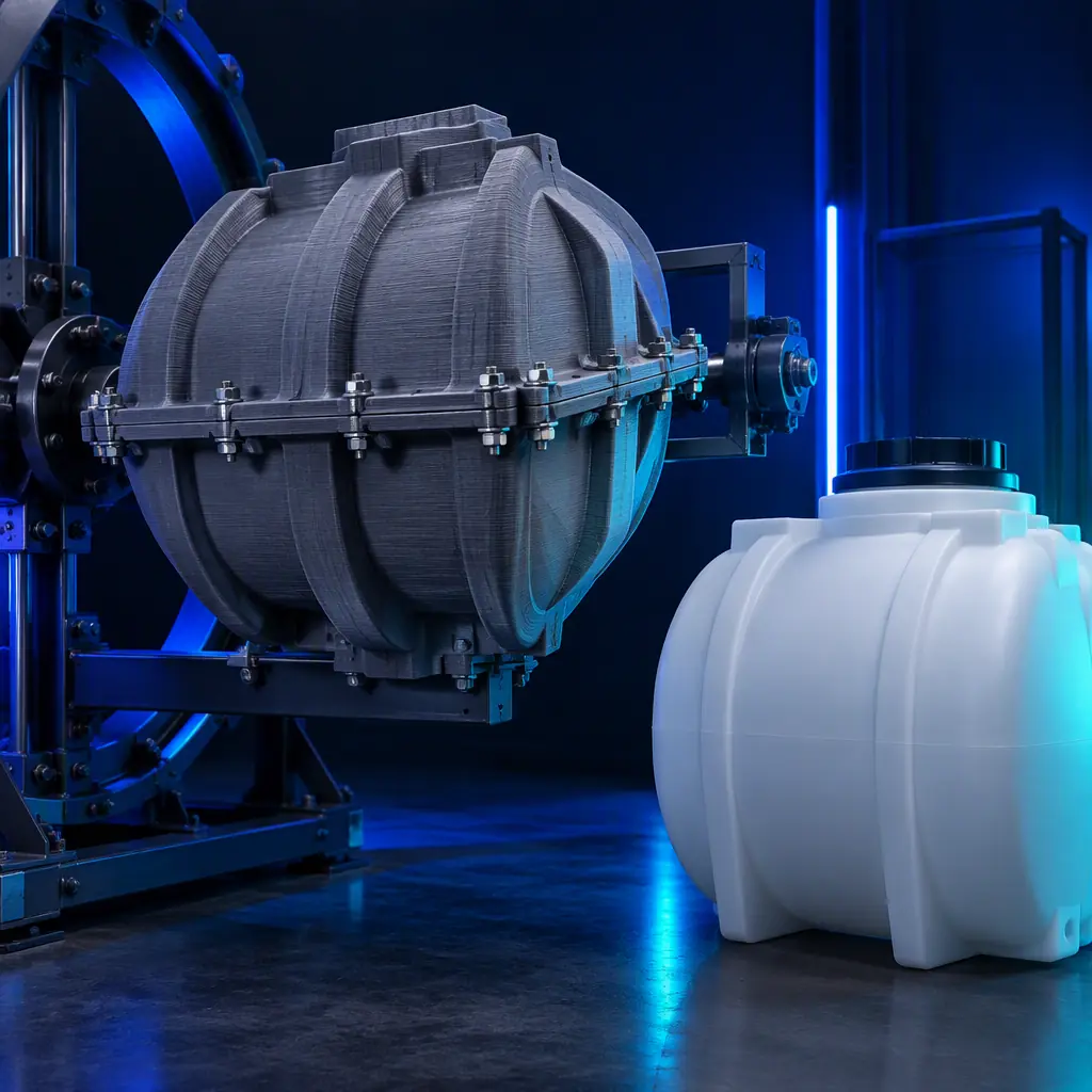 Photograph of a large 3D printed mold shell on a rotomolding machine arm with the mold halves bolted together and a finished rotationally molded polyethylene tank beside it