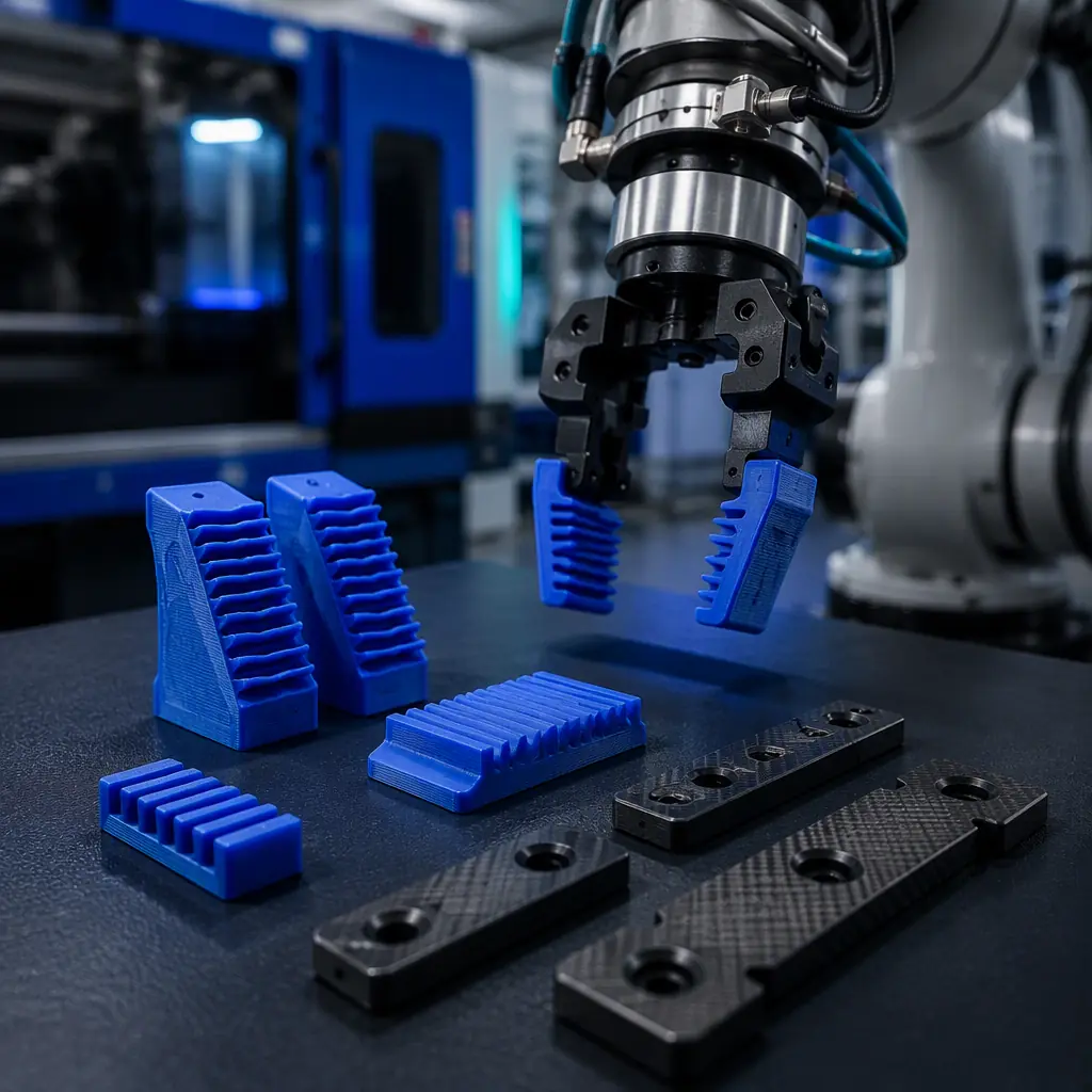 Macro close-up of 3D printed TPU gripper pads and PA-CF wear strips on a workbench next to a robotic arm end effector in a plastics molding plant, photorealistic, no people, no text, no logos