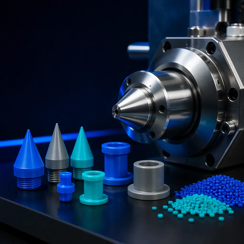 3D printed nozzle tips and sprue bushings next to an injection molding machine nozzle in a molding plant, photorealistic, no people, no text, no logos