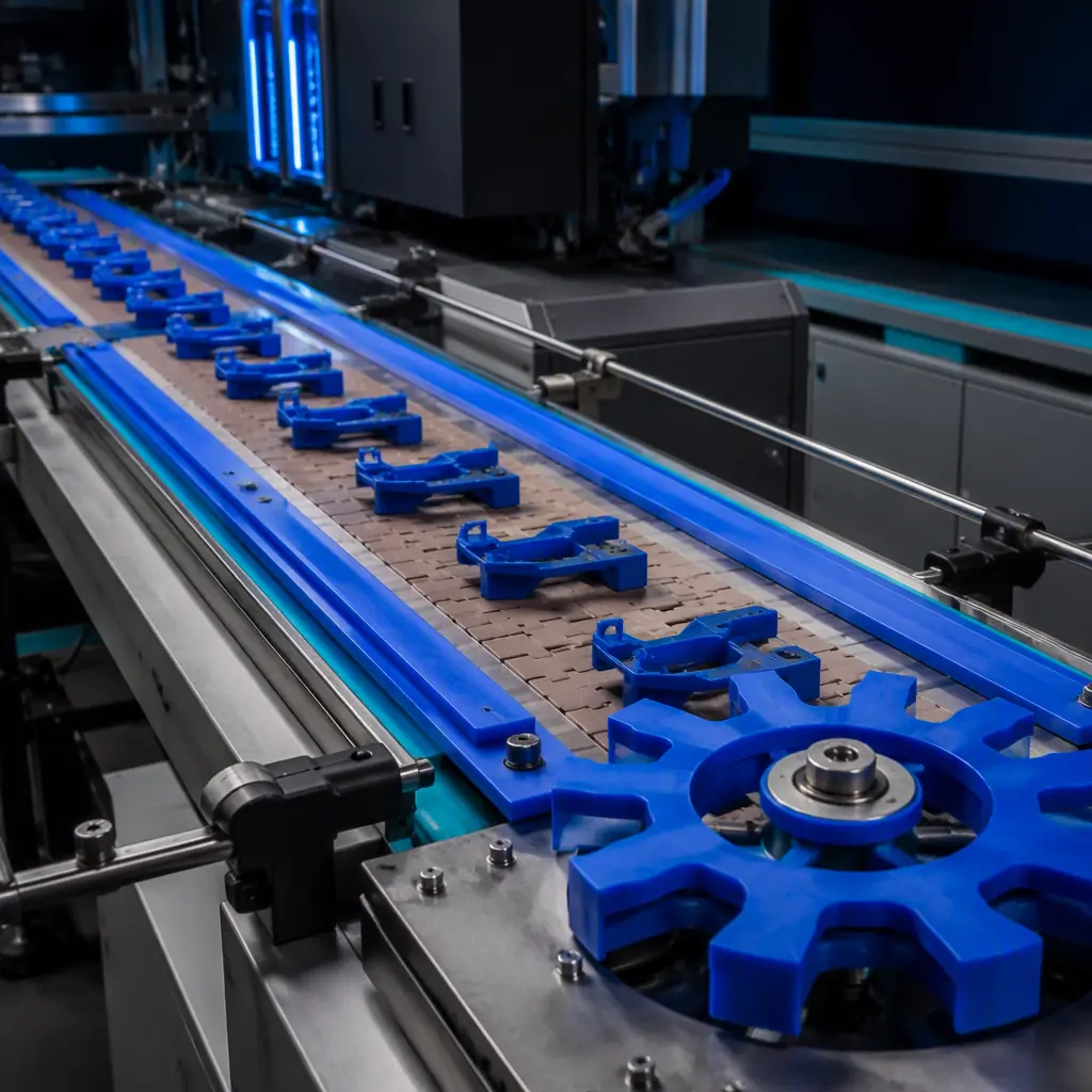 3D printed conveyor wear strips and star wheels installed on a molded parts conveyor in a plastics plant, parts on the line, photorealistic, no people, no text, no logos