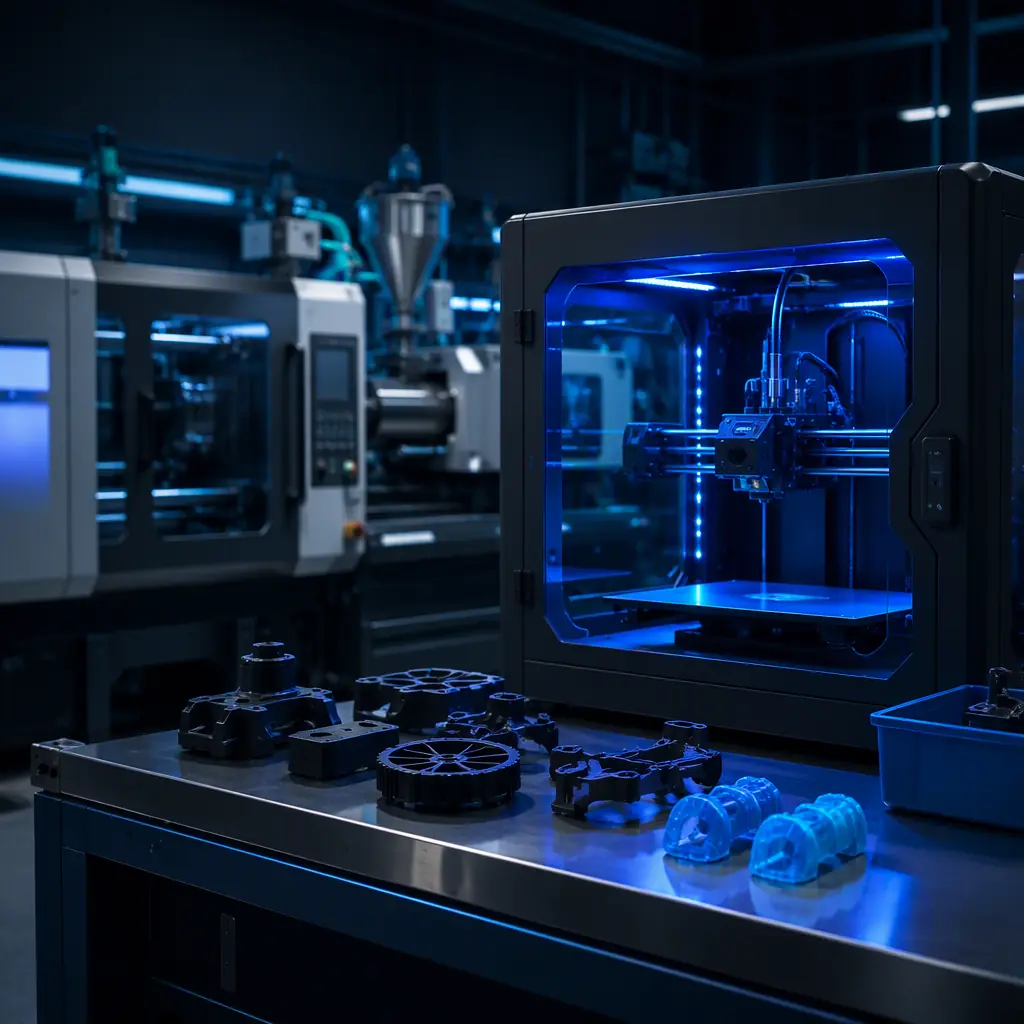 Enclosed 3D printer running in a plastics plant maintenance shop, printed TPU grippers and PA-CF spares on the workbench, injection molding machine in background, photorealistic, no people, no text, no logos