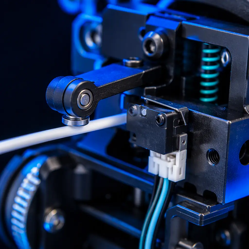 Macro close-up of a filament runout sensor mounted on a 3D printer extruder assembly, mechanical lever arm resting on white filament, tiny micro switch and connector visible, precision engineering lighting on dark surface