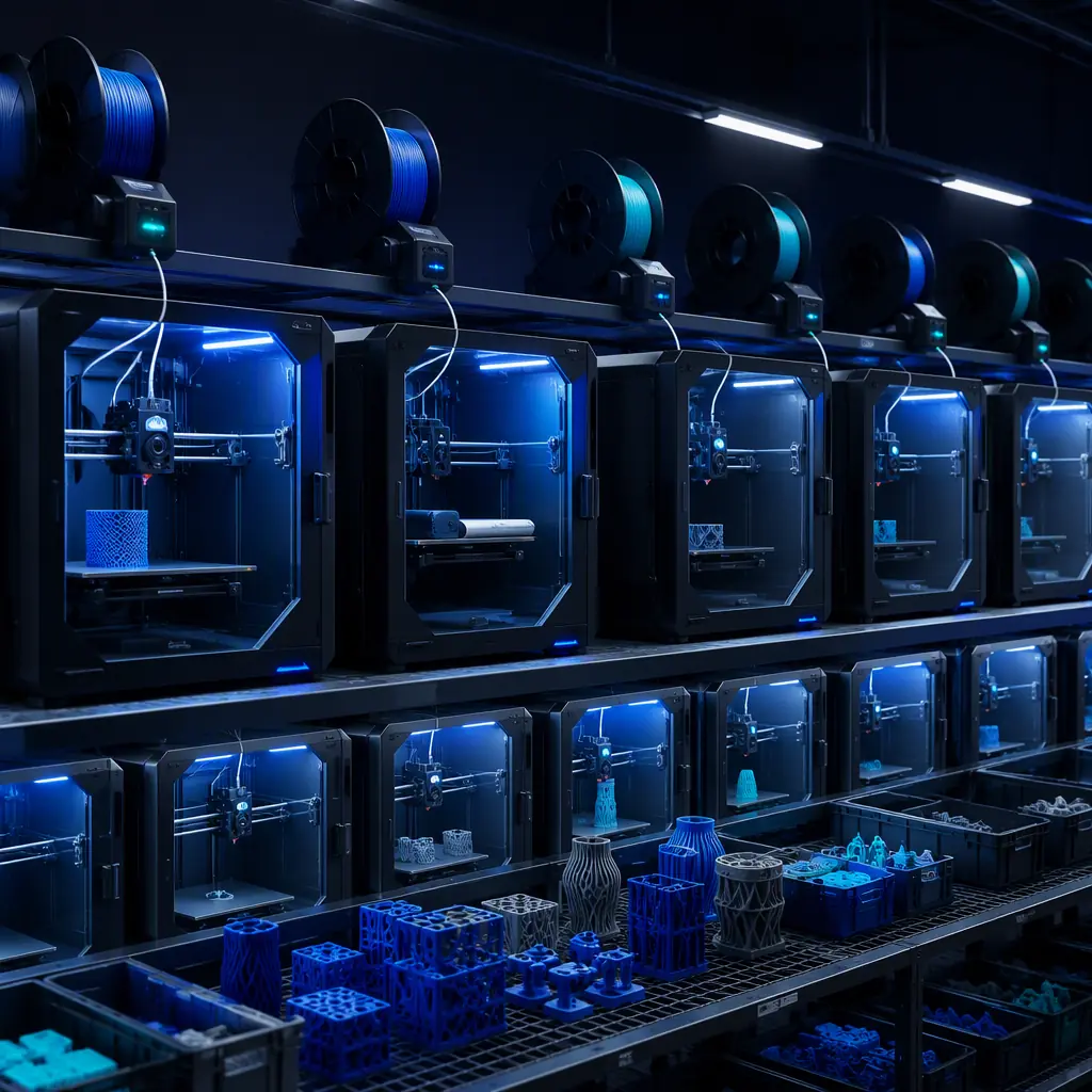 Rows of identical 3D printers running overnight in a print farm, LED-lit chambers, filament spools mounted on top with runout sensor modules, one printer paused mid-print with toolhead parked, finished parts on collection shelf, industrial lighting