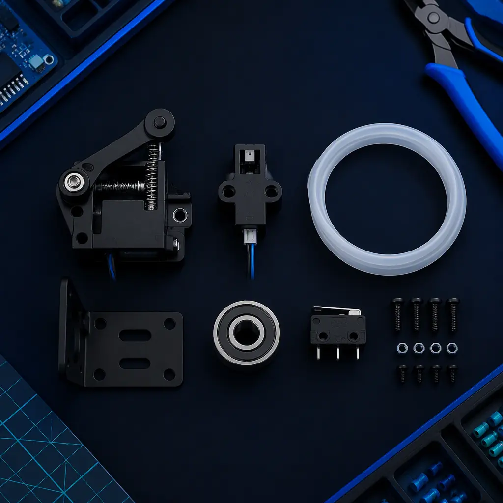 Flat lay of filament runout sensor retrofit kit on electronics workbench: lever sensor module, optical sensor, PTFE guide tube, mounting bracket, spool bearing, spare micro switch, screws, anti-static mat, professional product photography
