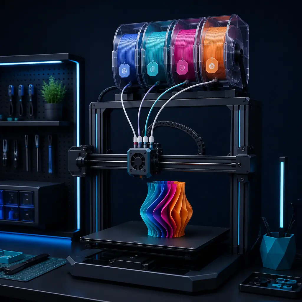 Multi-color filament management system with four transparent filament spools mounted on a 3D printer, smart spools with RFID tags visible, filament tubes running to the toolhead, multi-color printed model on the build plate, clean modern workspace