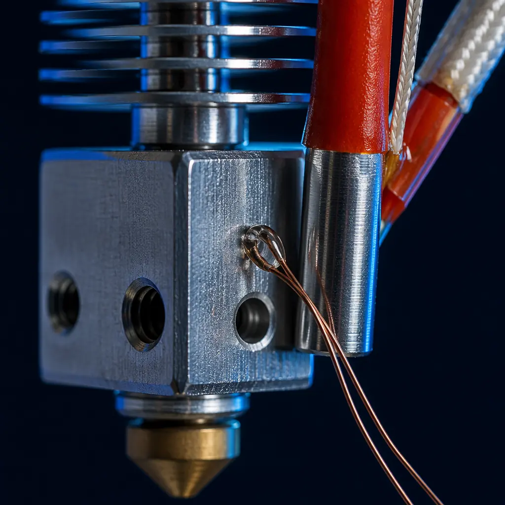 Macro close-up of 3D printer hotend thermistor and heater cartridge connection, glass bead thermistor visible against aluminum heater block, precision electronics safety inspection photography