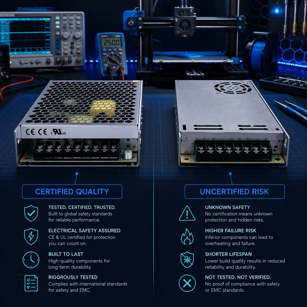 Close-up comparison photograph of certified Mean Well power supply unit beside generic uncertified PSU on workbench, UL/CE labeling visible on Mean Well unit, electronics safety inspection context