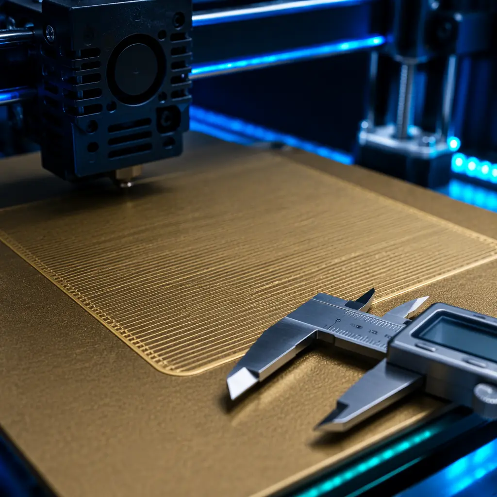 Professional 3D printer demonstration setup in a modern conference room, printer mid-print with sample parts displayed on table, product brochures and spec sheets organized, business attendees observing the live print