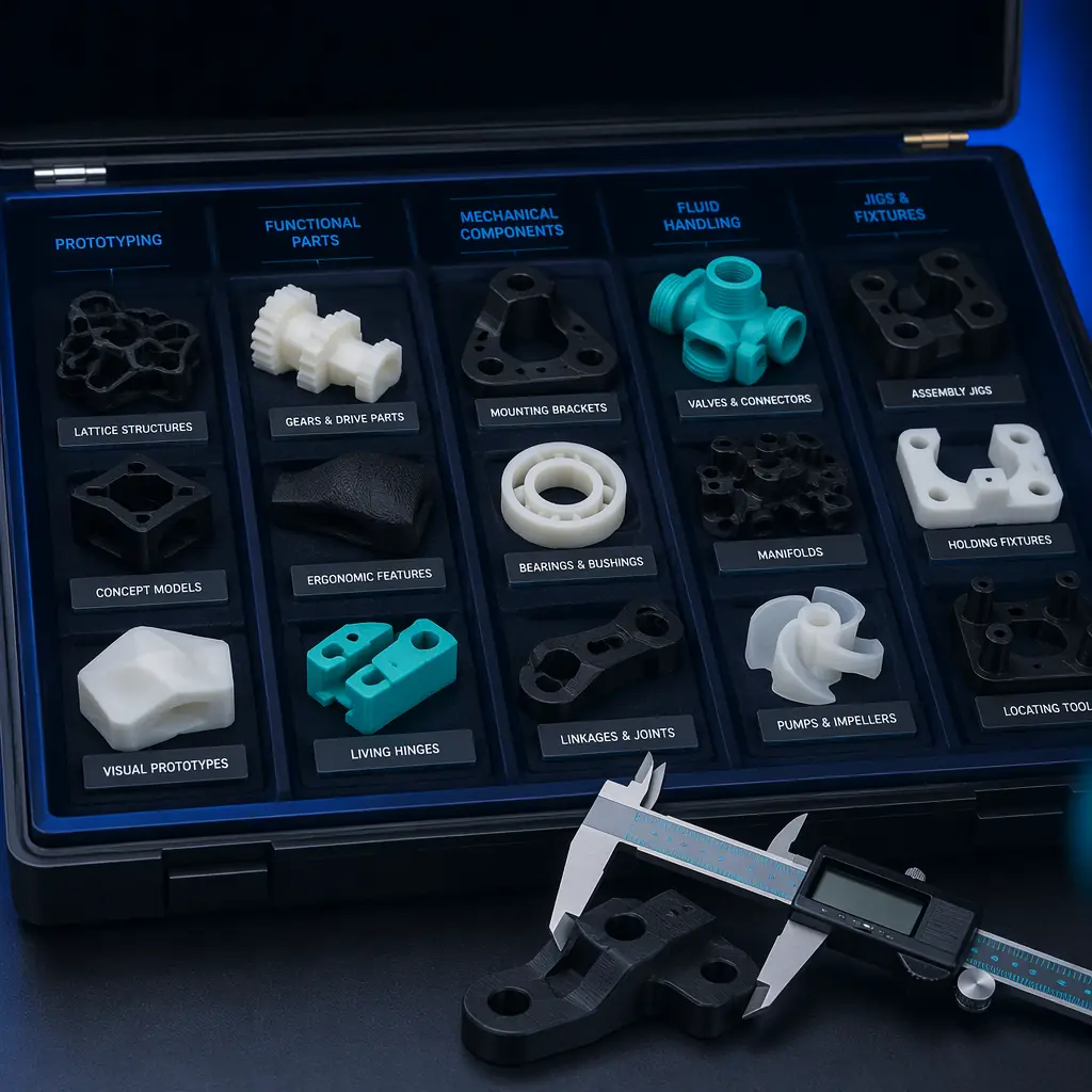 Array of 3D printed sample parts displayed on a dark surface under studio lighting, each part labeled with material type and print time, demonstrating dimensional accuracy and surface finish quality for enterprise evaluation