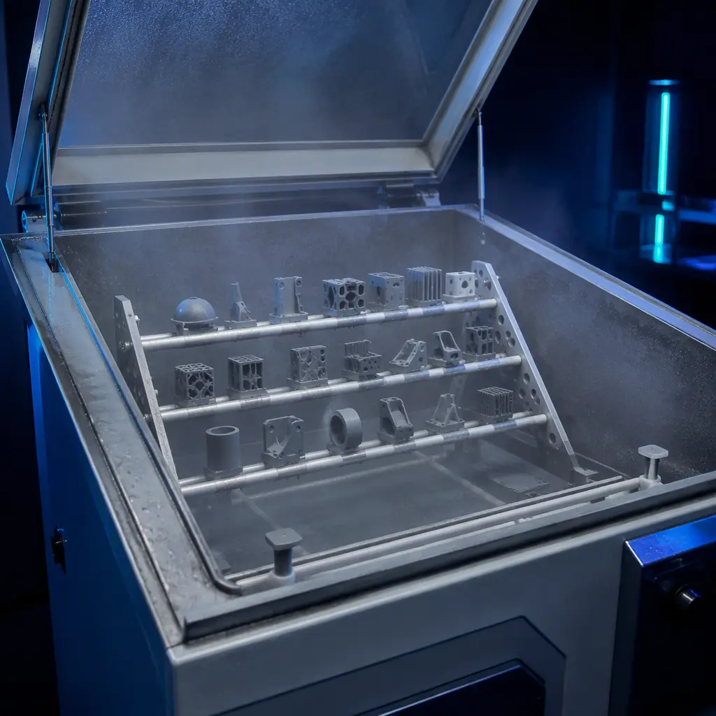 Salt spray test chamber with a rack of printed parts inside a fine saline mist, corrosion cabinet door open